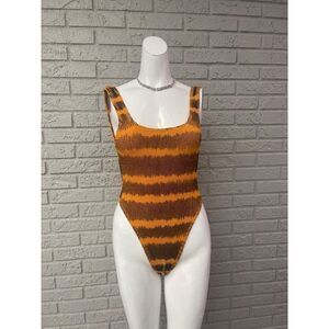 PrettyLittleThing Orange & Black Striped One-Piece Swimsuit Size One Size